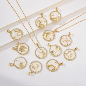 Vintage Copper Zodiac Constellation Round Pendant Necklace Gold Plated White Rhinestone Artistic Retro Jewelry For Women