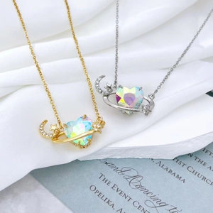 Chic heart and moon star pendant necklace set with opal stones on white silk