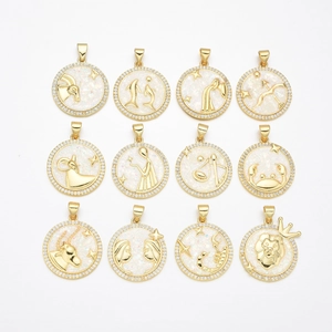 Golden 12 zodiac pendant set with white opal base and cubic zirconia pavé border