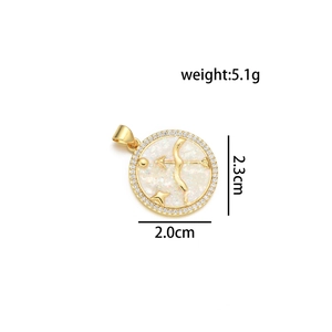 Detail view of gold Sagittarius zodiac pendant with white opal and cubic zirconia inlay