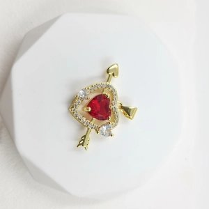 Cupid arrow heart pendant necklace with red crystal and micro-paved gold finish