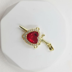 Golden heart and arrow pendant necklace with micro-pave red crystal and sparkling zircons