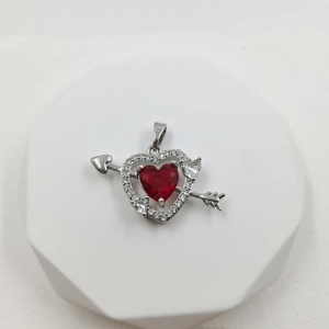 Elegant Cupid heart arrow necklace with micro-pave red crystal heart and silver finish