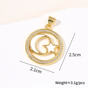 Macro view of gold celestial pendant showing 2.1cm size and moon star crystal inlay