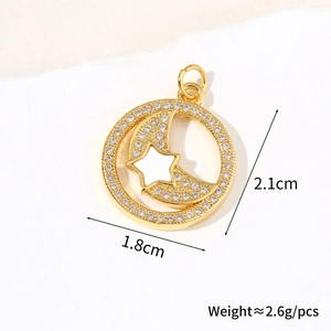 Detailed view of gold star and moon pendant with dimensions 2.1cm by 1.8cm