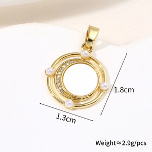 Detailed view of golden shell pendant with pearls and crescent moon design including size specs