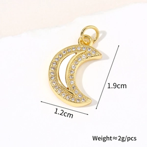 Detailed size chart of gold moon pendant with zircons showing 1.9cm height and 1.2cm width