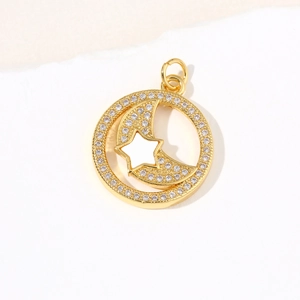 Star and moon gold shell pendant with micro-pave white zircons for women necklace