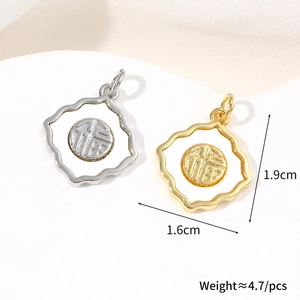 Macro view of gold and silver Ruyi auspicious cloud shell pendants with Fu character detail