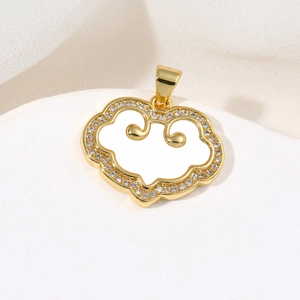 Elegant gold Ruyi lock pendant with white shell inlay and sparkling zircon crystals