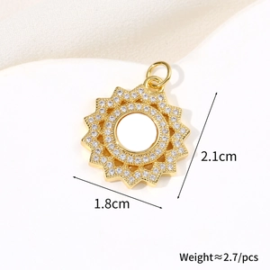 Macro shot of 18k gold plated sunflower pendant with white zircon inlays and dimensions
