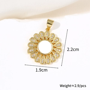 Detailed view of gold sunflower pendant with white zircon petals and size measurements