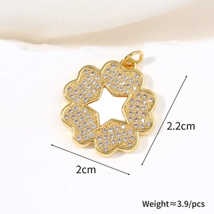 Macro detail of 2cm gold flower pendant showing size specs and white zircon pavé setting