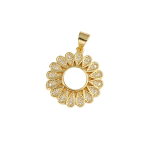 Exquisite gold floral pendant with shell petals and white crystals on white background