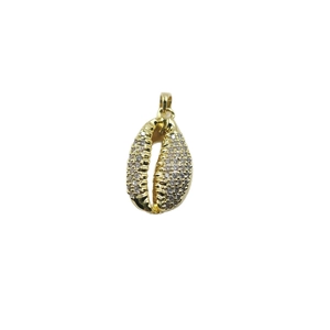 Golden conch shell pendant necklace with sparkling cubic zirconia crystals on white background