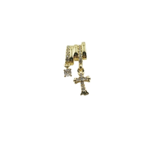 Golden multi-layer ear cuff with cubic zirconia cross and square stone pendants