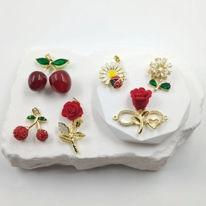 Elegant Copper Flower Cherry Rose Pendant Only Without Chain Rhinestone Flocked Floral Sweet Jewelry Necklace Accessories