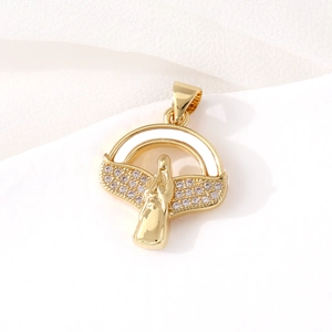 Gold-plated oval religious pendant featuring a mother-of-pearl prayer figure with wings