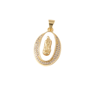 Oval Virgin of Guadalupe pendant in gold plating with zircon stones on white background