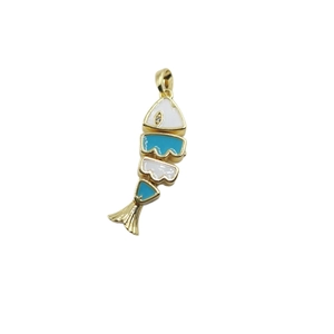 Elegant gold fish pendant with blue enamel sections and clear zircon eye detail