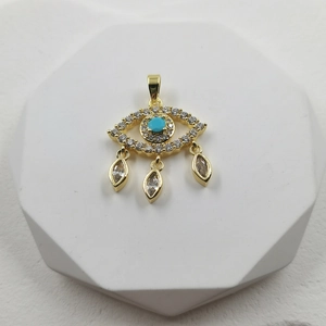 Gold Evil Eye pendant necklace with blue turquoise and sparkling white zircon accents
