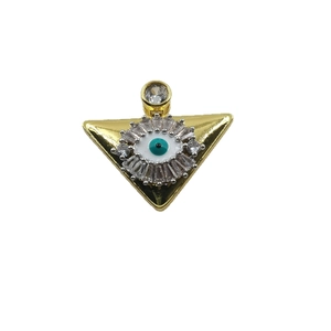 Gold-plated Evil Eye triangle pendant with blue enamel and sparkling cubic zirconia stones