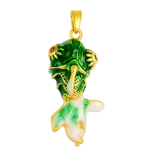 Detail of goldfish pendant with green enamel and orange gemstone eye in golden finish