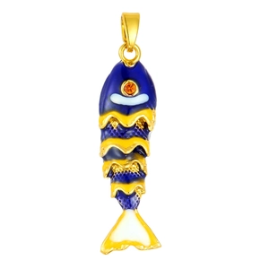 Detail of a fish pendant with blue enamel scales and an orange gemstone eye