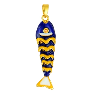 Detail of a colorful Y2K fish pendant with blue and yellow enamel on a gold metal base