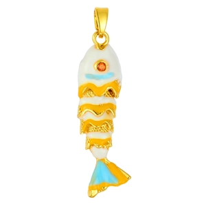 Detail of colorful Y2K moving fish pendant with layered enamel and orange gemstone eye