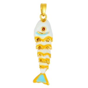 Detailed close-up of Y2K moving fish pendant with colorful enamel and orange zircon eye