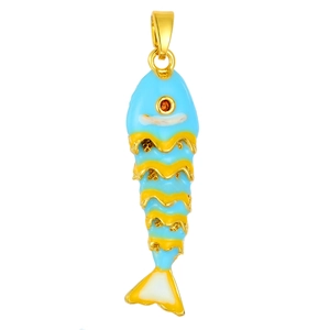 Detail of Y2K fish pendant with blue yellow enamel and red stone eye on gold metal