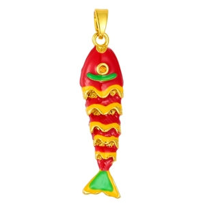 Macro view of fish pendant featuring colorful enamel details and golden metal base
