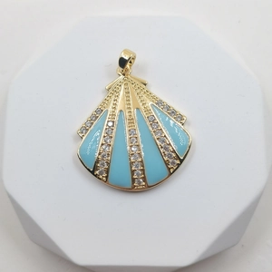 Elegant gold-plated shell pendant with light blue enamel and sparkling white zircon accents