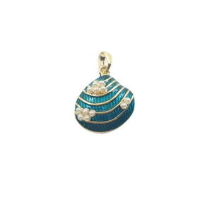 Golden shell pendant necklace with teal enamel, white pearls, and starfish accents