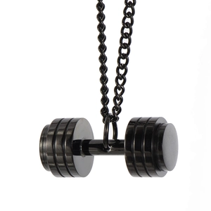 Polished black stainless steel dumbbell pendant necklace for men fitness jewelry