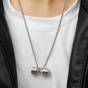 Men's titanium steel dumbbell pendant necklace with silver box chain for fitness lovers