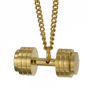 Polished gold dumbbell pendant necklace in stainless steel on a white background
