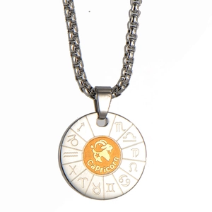 Macro detail of silver and gold stainless steel Capricorn zodiac pendant on square chain
