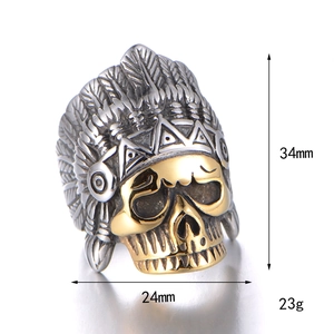 Anillo de calavera de jefe indio vintage en acero inoxidable, estilo biker, 34mm alto