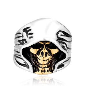 Gothic punk hooded skull ring in silver and gold stainless steel with mirror reflection