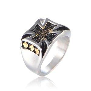 Punk style stainless steel ring for men with black iron cross and gold side accents