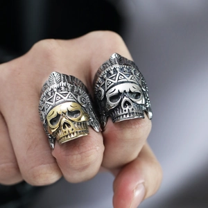 Anillos vintage de calavera y plumas indias en acero para hombres estilo punk gótico