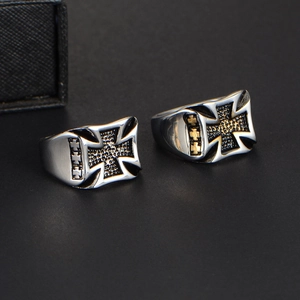 Punk style stainless steel cross ring with vintage matte silver and gold contrast finish