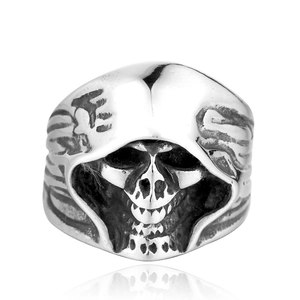 Close-up of vintage gothic hooded skull ring with black oxidized stainless steel finish