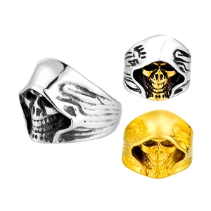 Vintage punk skull rings for men in hooded design featuring silver and gold finishes