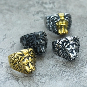 Men's retro lion head rings in gold, silver, and black stainless steel options