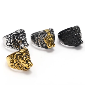 Men's punk lion head rings in silver, gold, and black matte stainless steel finishes