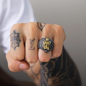 Punk style men's lion head ring in two-tone stainless steel with vintage oxidation