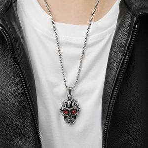 Men's gothic skull necklace with red crystal eyes and polished stainless steel box chain